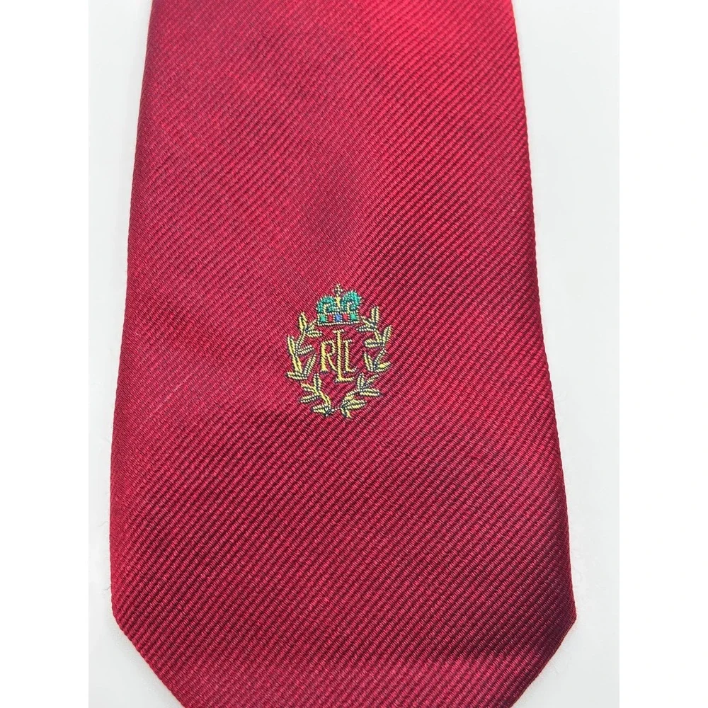 Lauren Ralph Lauren Mens Burgundy Red Silk Crest Embroidered Tie RL Logo Ribbed